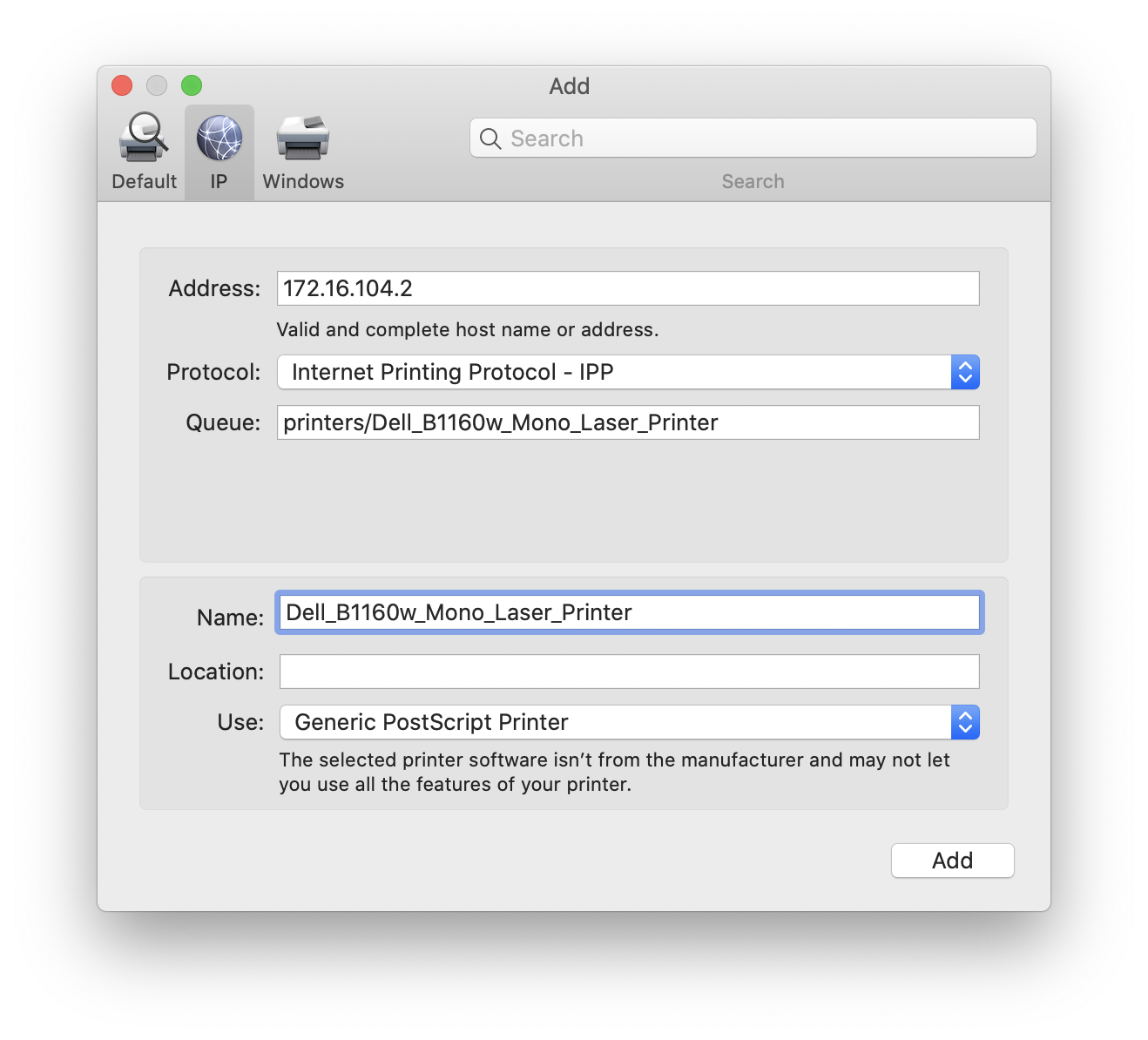 Configuration for a CUPS IP printer in macOS.